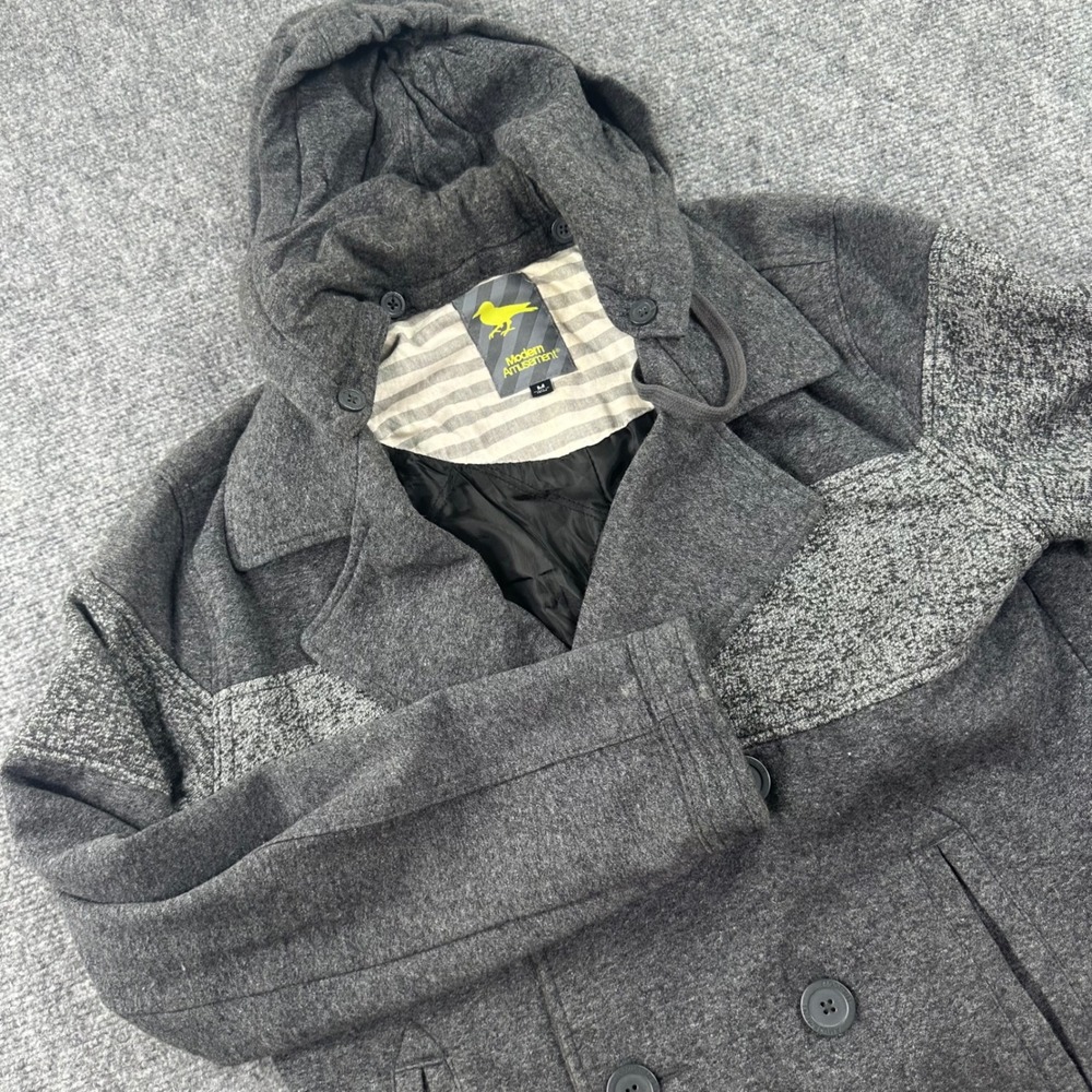 Modern Amusement Peacoat Medium Gray Hooded Double Breasted Jacket Mens
